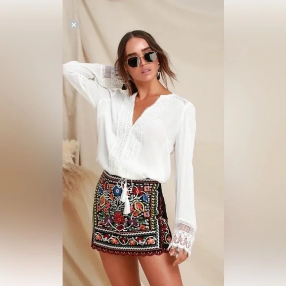 Lulus Don’t Stop the Party Black Embroidered A-Line Mini Skirt S - Picture 2 of 14